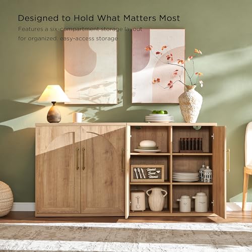 Arched Door Sideboard Buffet Cabinet Set of 3, Natural Oak | Modular, Multi-Compartment Storage, Adjustable Shelf, Soft Close Hinges, Freestanding, for Dining Room, Living Room - color: Natural Oak