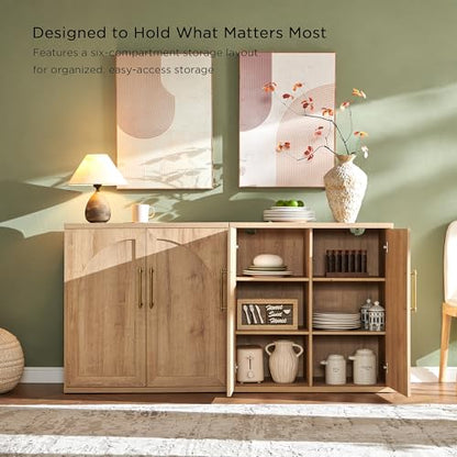 Arched Door Sideboard Buffet Cabinet Set of 3, Natural Oak | Modular, Multi-Compartment Storage, Adjustable Shelf, Soft Close Hinges, Freestanding, for Dining Room, Living Room - color: Natural Oak