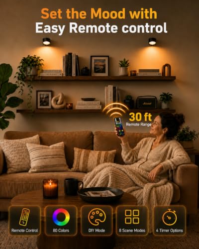 LED Wall Mounted Lights, Rechargeable Wall Sconces, 3 Color Temps, Remote & Touch, 360° Rotating and Dimmable for Bedroom, Bedside & Reading (Black-RGB, 2 Pack) - color: Black-RGB