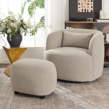 KINWELL Round Boucle Upholstered Ottoman Chair Padded Seat Footstool, Taupe | Easy Assembled Modern Soft Sofa Couch Loveseat Chair Footrest, Extra Seating for Bedroom Entryway, 18.5" D x 23" W x 16.5" H - color: Taupe