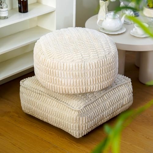 Round Ottoman Pouf Cover Bean Bag Foot Rest, Beige | Cover Only, 20x20x8 In, Soft Corduroy, Ribbed Texture, Living Room, Bedroom, Reading Nook - color: Beige