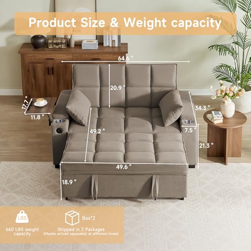 65" 3-in-1 Sofa Bed, Pull Out Sleeper Sofa with 360° Swivel Side Table, Storage Armrests, Cup Holders & USB Charging Ports, Chenille Convertible Couch for Living Room - color: 1007-khaki-