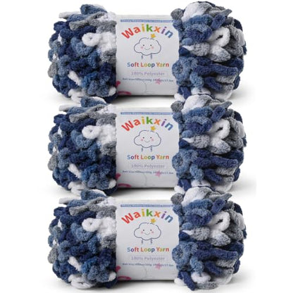 Super Soft Loop Yarn for Finger Knit, 3 Pack of 7.05oz/19.5yds Each, Chunky Blanket Yarn for Hand Knitting, #7 Jumbo Chenille Yarn, Fluffy Baby Blanket Yarn for Crochet Amigurumi (3 Blue-White) - color: 3 Blue-White