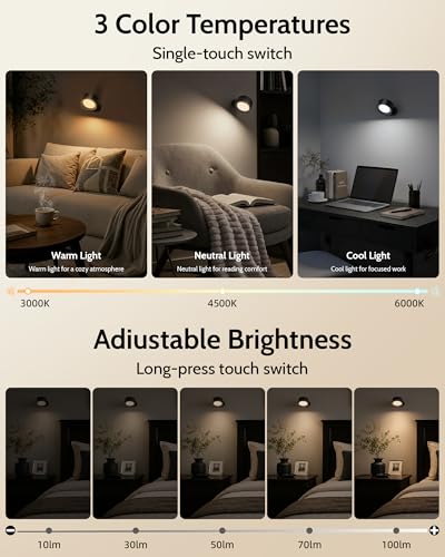 LED Wall Mounted Lights, Rechargeable Wall Sconces, 3 Color Temps, Remote & Touch, 360° Rotating and Dimmable for Bedroom, Bedside & Reading (Black, 2 Pack) - color: Black