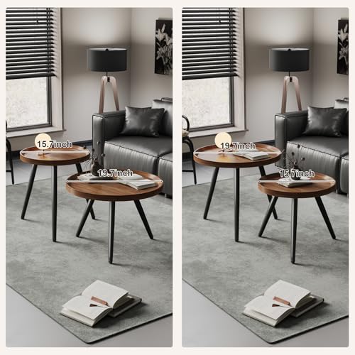 2 PCS Small Round Coffee Table Set, Mid Century Modern Coffee Tables for Living Room, Walnut Nesting Tables for Small Spaces, Easy Assembly Circle Wood Center Table,Black Side/End Table Set of 2,Brown