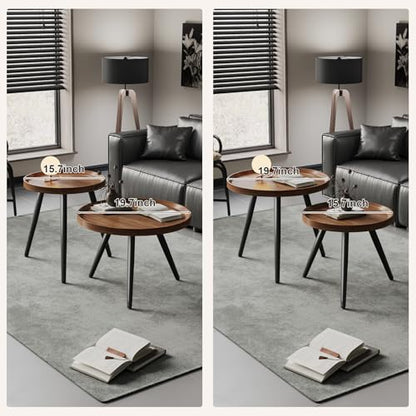 2 PCS Small Round Coffee Table Set, Mid Century Modern Coffee Tables for Living Room, Walnut Nesting Tables for Small Spaces, Easy Assembly Circle Wood Center Table,Black Side/End Table Set of 2,Brown
