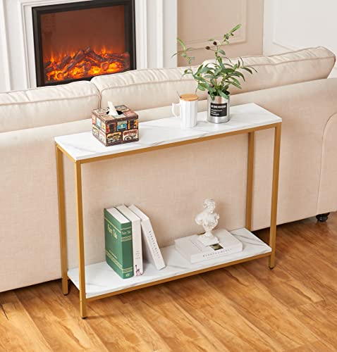loglus Console Table for Entryway, Faux Marble MDF Indoors Sofa Table with Golden Frame for Small Rooms, Double Layer, White Marble, 9.45" D x 38.19" W x 29.72" H - color: White Marble, style: Double Layer