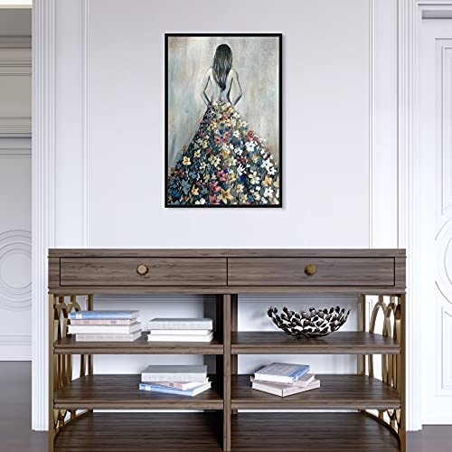 Oliver Gal Girl with Flower Thoughts Canvas Print Wall Art for Living Room, Bedroom, and Bathroom, 16" x 24", Black Floater Frame - color: Black Floater Frame, size: 24"L x 16"W