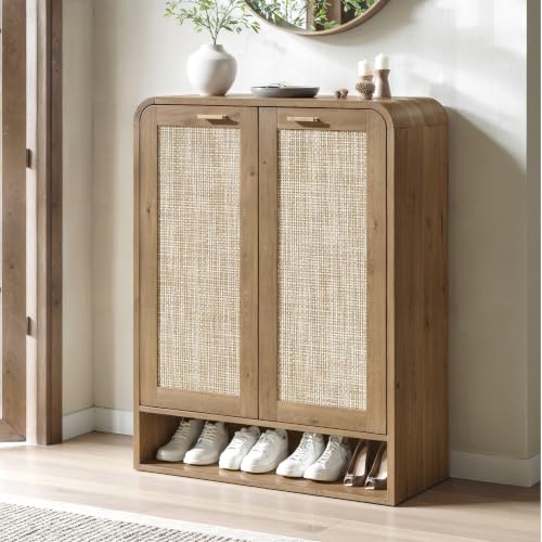Evermagin 41 Inch Rattan Shoe Storage Cabinet Holds 24 Pairs, Caramel Oak | 5-Tier Boho Shoe Cabinet with Doors, Modern Wooden Freestanding Shoe Storage Cabinet for Entryway Hallway , Living Room - color: Caramel Oak