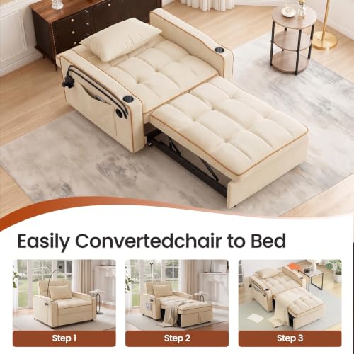 Sleeper Chair with USB Port, 3 In1 Pull Out Sofa Bed, White | Adjustable Backrest,Soft Cushioning,Handy Side Pocket,Cup Holders,Phone Holder - color: D-white-g2