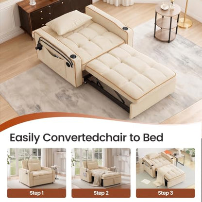 Sleeper Chair with USB Port, 3 In1 Pull Out Sofa Bed, White | Adjustable Backrest,Soft Cushioning,Handy Side Pocket,Cup Holders,Phone Holder - color: D-white-g2