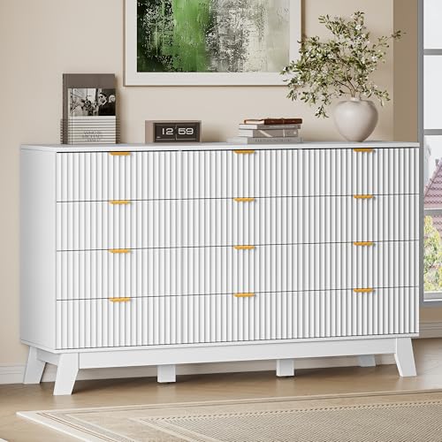 BORNOON 57" Wide Dresser for Bedroom, 12-Drawer Fluted Dresser with Metal Handles, Wood Chest of Drawers with Smooth Slides and Stable Base, Modern Storage Cabinet for Living Room, Nursery - color: Pure White, size: 12-Drawer