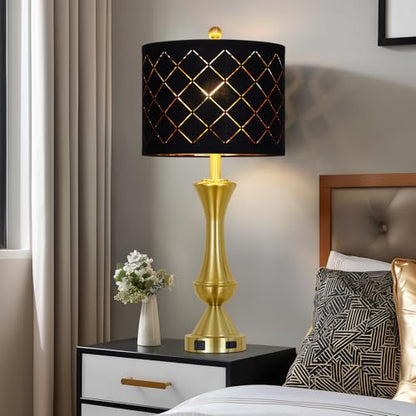 29" Gold Modern Table Lamps Set of 2, 3-Way Dimmable Touch Lamps for Nightstand with USB A+C & Outlets,Brass Lamps for Living Room, Bedroom, Nightstand, Entryway(2 Bulbs Included) - color: Gold-Black Lamp Shade-2Pack