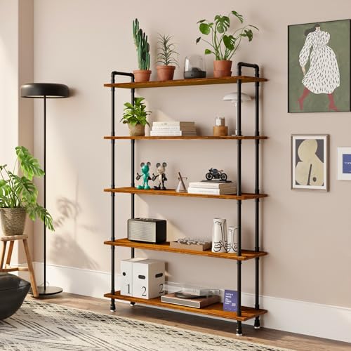 Industrial Bookshelf, Pipe Shelf Bookcase, 5 Tier, 48" Rustic Brown | Solid pine shelves, 48 inch wide, black pipe frame, 50 lbs per shelf, open bookcase for books, plants, office - color: Rustic Brown, size: 48"L × 70"H
