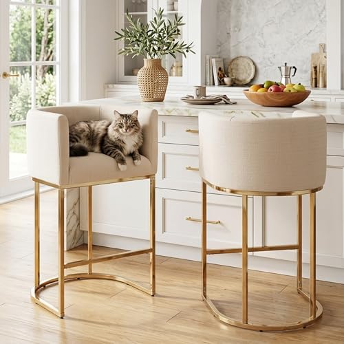 HNY Modern Cream Counter Height Barrel Upholstered Counter Stools Set of 2, 29 Inch Linen Fabric Kitchen Island Stools with Gold Metal Frame - color: 29inch Cream,gold Base