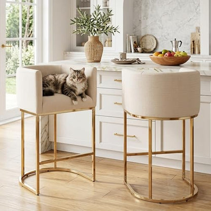 HNY Modern Cream Counter Height Barrel Upholstered Counter Stools Set of 2, 29 Inch Linen Fabric Kitchen Island Stools with Gold Metal Frame - color: 29inch Cream,gold Base