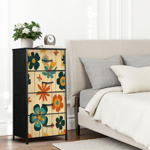 Dresser for Bedroom Dresser for Closet Geometric 1960s Floral Art Teal Orange Mustard Dressers & Chests of Drawers Fabric Closet Organizers and Storage with 4 Drawers