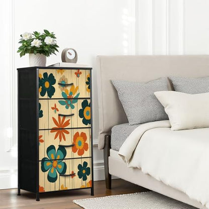 Dresser for Bedroom Dresser for Closet Geometric 1960s Floral Art Teal Orange Mustard Dressers & Chests of Drawers Fabric Closet Organizers and Storage with 4 Drawers