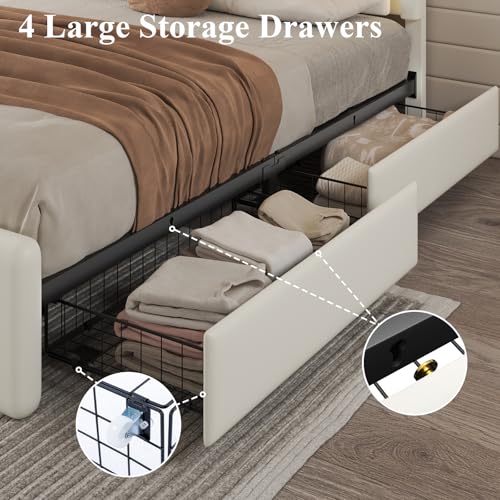 Full Size Bed Frame with 4 Storage Drawers, Upholstered Headboard, White | Modern Bed, Charging Station, LED Light, Adjustable Height Headboard, Noise-Free, No Box Spring Needed, Easy Assembly - color: White, size: Full
