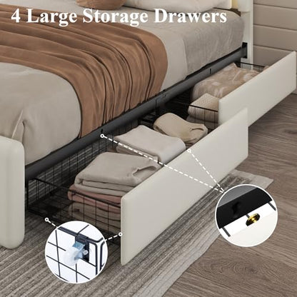 Queen Size Bed Frame with 4 Storage Drawers, Upholstered Headboard, White | Modern Bed, Charging Station, LED Light, Adjustable Height Headboard, Noise-Free, No Box Spring Needed, Easy Assembly - color: White, size: Queen