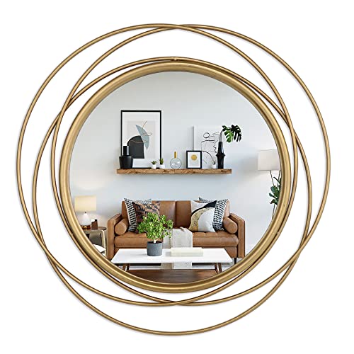 32 Inch Gold Round Wall Mirror, Decorative Hanging Mirror with Hand-Applied Gold Leaf Metal Frame for Entryway, Living Room, Bathroom, Hallway - color: Gold, size: 31.5"L x 31.5"W