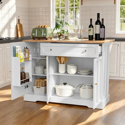 HLR Kitchen Island with Drop Leaf & Storage, Solid Rubber Wood Top Rolling Kitchen Cart with Carved Recessed Panel Doors, Large Mobile Island Table on Wheels for Kitchen, Dining Room (White) - color: White