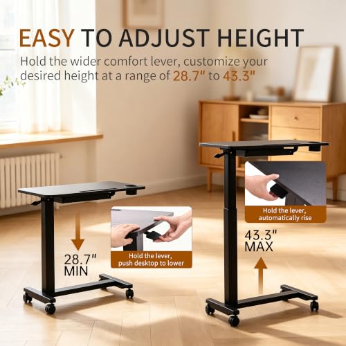 Adjustable Height Over Bed Desk with Drawer, Wheels, Slot, and Cup Holder | Portable Rolling Laptop Overbed Table, Pneumatic Hospital Bedside Tray with Storage, Laptop Standing Sofa Side Cart| Black - color: Black