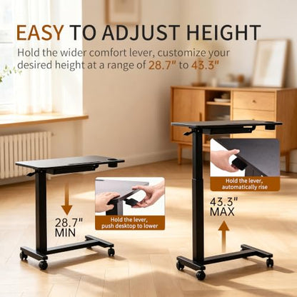 Adjustable Height Over Bed Desk with Drawer, Wheels, Slot, and Cup Holder | Portable Rolling Laptop Overbed Table, Pneumatic Hospital Bedside Tray with Storage, Laptop Standing Sofa Side Cart| Black - color: Black