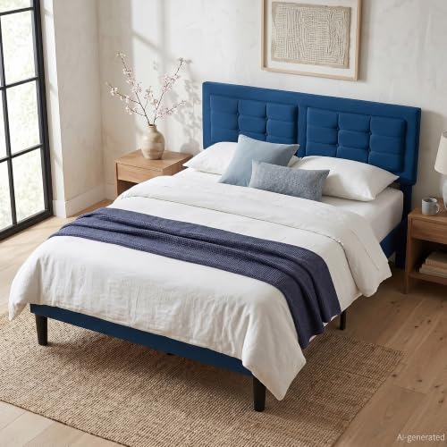 VECELO Queen Size Bed Frame, Adjustable Upholstered Button Tufted Headboard, Heavy-Duty Bedframe with Wood Slats Support, No Box Spring Needed, Aegean Blue - color: Aegean Blue, size: Queen, style: Bed Frame