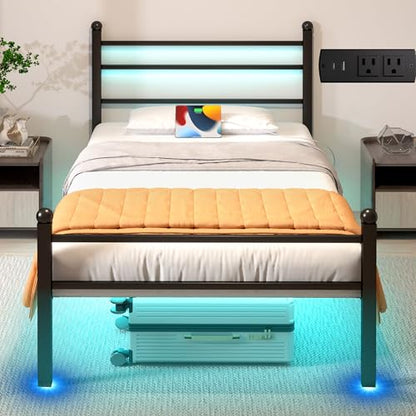 J.Fkne Twin Bed Frame with LED Lights & Charging Station, Metal Platform Bed with Headboard, Heavy Duty Metal Slats, No Box Spring Needed, Noise Free, Easy Assembly, Black - size: Twin, style: Classic Black