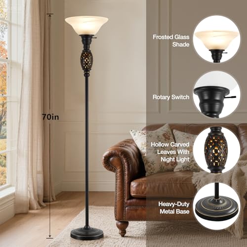 Luvkczc 70" Floor Lamp for Living Room with Nightlight, Glass Shade, Black | Bulb Included, Vintage Floor Lamp with Rotary Switch, Rustic Standing Lamp for Bedroom Study Home Office Corner - color: Black