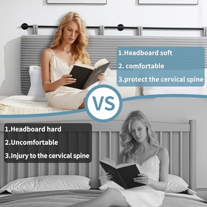 Queen Headboard Only, Wall Mounted Hanging Upholstered Bed Head Board | Modern Vertical Channel Design of Fine Flannel, Elegant Grey Fluted Headboard for Bedroom (Grey, Queen Size) - color: Flannel/Light Grey, size: Queen