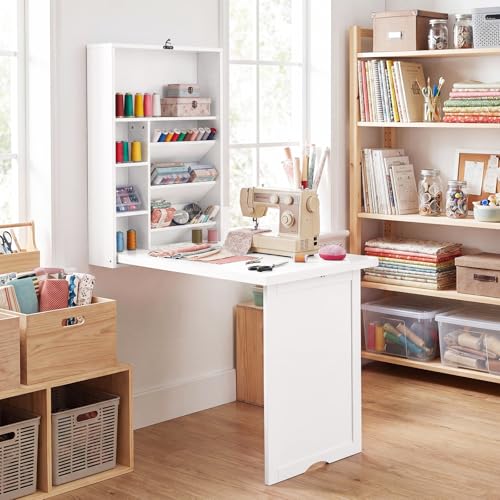 Casart Multi-Function Computer Desk, Wall Mounted Fold Out Table | Convertible Writing Workstation with Built-in Storage Shelves; Space Saving Furniture for Home Salon Office Nail Art Station