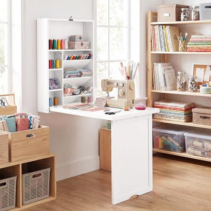 Casart Multi-Function Computer Desk, Wall Mounted Fold Out Table | Convertible Writing Workstation with Built-in Storage Shelves; Space Saving Furniture for Home Salon Office Nail Art Station