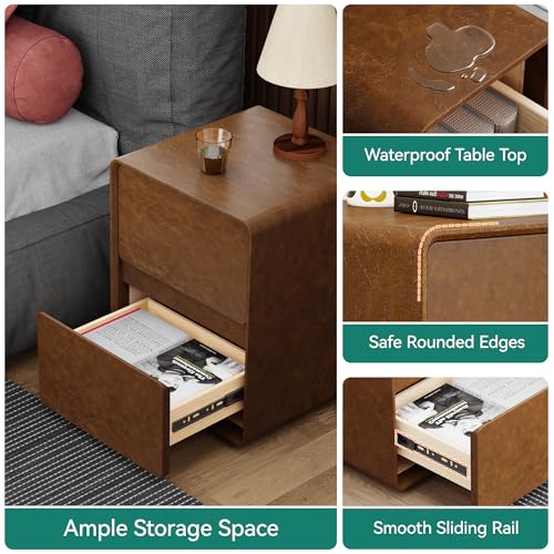 15.8" W Leather Narrow Nightstand Set of 2, Modern Fully-Assembled Bedside Table with 2 Drawers, Night Stand Small End Table & Side Table for Bedroom, Brown - color: Brown Set of 2, size: 16in