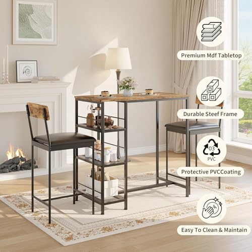 GarveeLife Dining Table Set for 2, Counter Height Bar Table Set with Storage ＆ Stools, High Top Pub Table and Chairs for Kitchen, Dining Room, Sofa Side, Apartment, Breakfast Nook - color: Brown