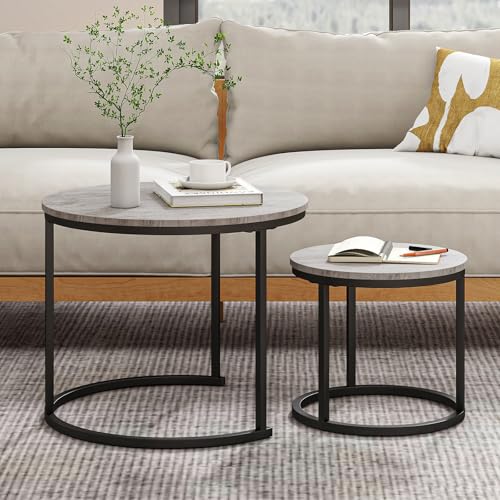 HOJINLINERO Round Coffee Table,Nesting Coffee Table Set of 2,Center Tables for Living Room,Office, Home Small Space,Small Table Stacking Side Tables,Sturdy and Easy Assembly,Wood Desktop,Black+Grey - color: Grey, size: Small
