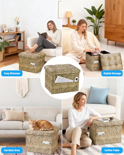 Bsketa Storage Ottoman, 17" Folding Velvet Foot Rest,Leopard Print 2 Pack | Small Ottoman with Side Pockets, Thicker Foam Padded Seat, Livingroom, Dorm, Bedroom, Easy to install, 43L,17x13x13in - color: Leopard Print 2 Pack-with Side Pockets