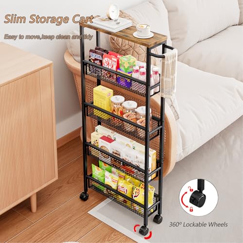 Slim Rolling Cart 5 Tier Narrow Storage Cart on Wheels with Handle | Lockable Wheels, Wood Top Panel, Metal Frame Utility Carts for Kitchen, Dining, Living, Home Office, Laundry Room - size: 16.38 x 5.12 x 39.17 inch