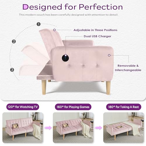 65'' Convertible Futon Sofa Bed with USB, Small Couch for Living Room | Sleeper Sofa and Loveseat, Adjustable Folding Couch with Tufted Design and 2 USB Ports, Bedroom Apartment Office, Pink - color: Pink