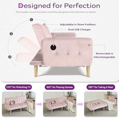 65'' Convertible Futon Sofa Bed with USB, Small Couch for Living Room | Sleeper Sofa and Loveseat, Adjustable Folding Couch with Tufted Design and 2 USB Ports, Bedroom Apartment Office, Pink - color: Pink