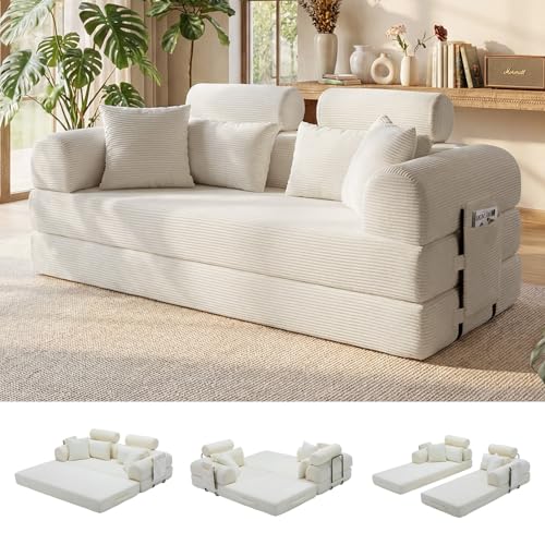 79" Convertible Futon Sofa Bed,High Back Boneless Couch for Living Room | 5-in-1 Corduroy Boneless Loveseat Sleeper, Futon Couch with Ergonomic Support & Side Storage Pocket, No Assembly,Beige - color: Beige, size: 79" High Backrest Sofa
