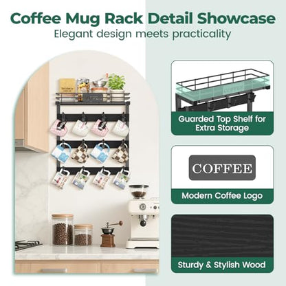 EsLuker.ly Coffee Mug Holder Cup Hanger Wall Mounted Display Rack | Metal Organizer with 12 Movable Plastic Hooks, Wood Rustic Shelf for Coffee Bar Home Kitchen, Thoughtful Wall Storage, Black - style: 12 Movable Hooks Black Style