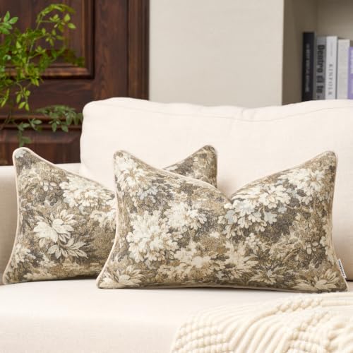 Fanami Vintage Floral Lumbar Throw Pillow Covers 12x20 Set of 2 Boho Farmhouse Accent Pillowcase Neutral Modern Chenille Rectangle Decorative Cushion Covers for Couch Bed Living Room Home Decor, Beige - color: Beige, size: 20" x 12" (Pack of 2)