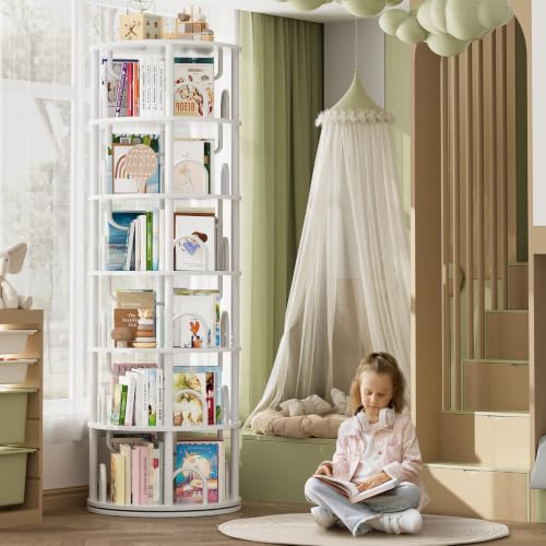 Aheaplus 6 Tier Rotating Bookshelf Tower, Revolving Bookcase, White | 360° Round Spinning Book Shelf, Narrow Swivel Bookshelves Vertical Turning Corner Bookshelf Organizer for Small Space - color: White, size: 6 Tier, 71" H