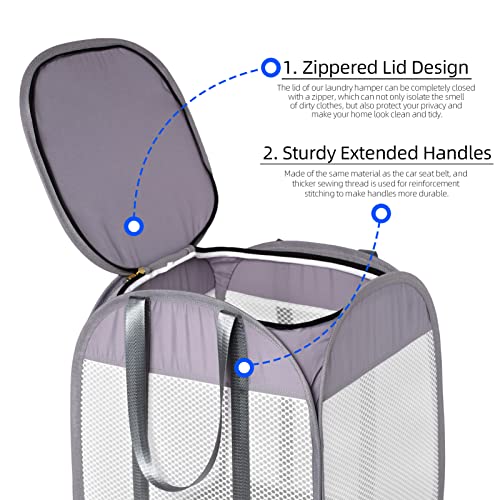 Pop-Up Laundry Hamper with YKK Zipper Lid, 1.5 Loads, Reinforced Handles | Tear-Proof Honeycomb Mesh, Zippered Lid & Tall Design, 14.9" x 14.9" x 21.6", White Laundry Basket, Reinforced Handles