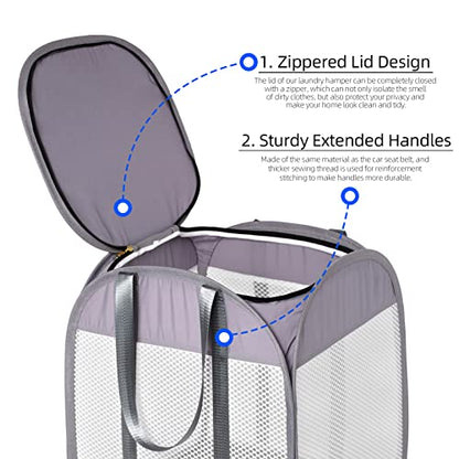 Pop-Up Laundry Hamper with YKK Zipper Lid, 1.5 Loads, Reinforced Handles | Tear-Proof Honeycomb Mesh, Zippered Lid & Tall Design, 14.9" x 14.9" x 21.6", White Laundry Basket, Reinforced Handles