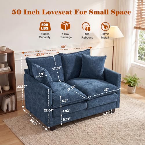 50'' Loveseat Sofa Set, Small Couch Set 2 Piece Cloud Love Seat with 27" Deep Seat Washable Chenille Pillows Couches for Small Spaces Apartment Living Room, Blue - color: Blue, size: 50"+50"