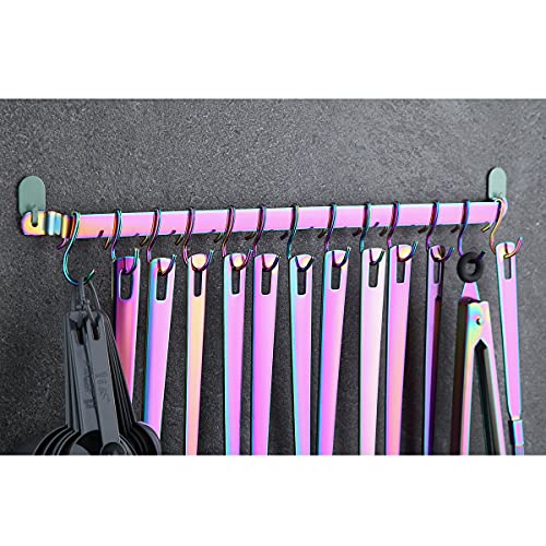 Kyraton Kitchen Utensil Rack, Kitchen Rack With Rainbow Titanium Plating,Rail Rack Organizer for Hanging Knives,Wall Mounted Gourmet Kitchen Rail with 14 Hooks - color: 3.Rainbow