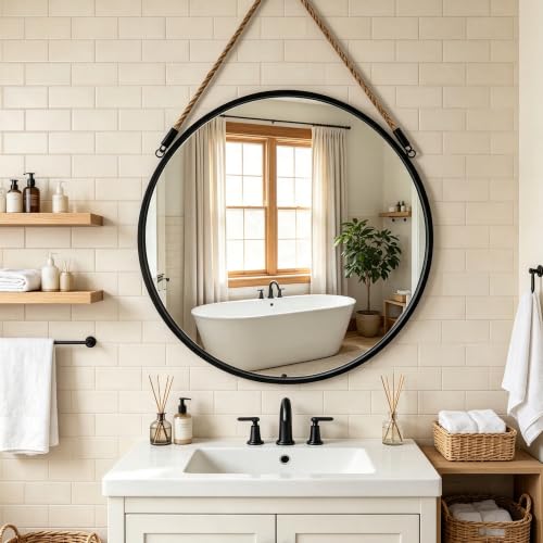POZINO 24" Round Mirror with Black Frame, Hanging Mirror for Wall | Circle HD Mirror with Jute Rope, Anti-Rust, Farmhouse Decorative Wall Mirror for Entryway, Living Room, Fireplace, Bathroom - color: Black, size: 24"L x 24"W